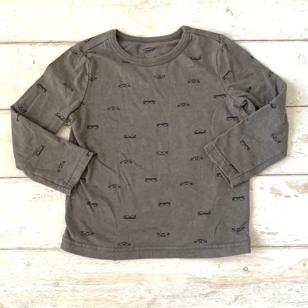 Old Navy 3T Boys Shirt Long Sleeves Gray Glasses All Over Print Kids Top